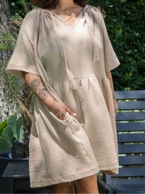 Textured Tie-Neck Miranda Bennett Studio Mini Morrison Dress in Beige